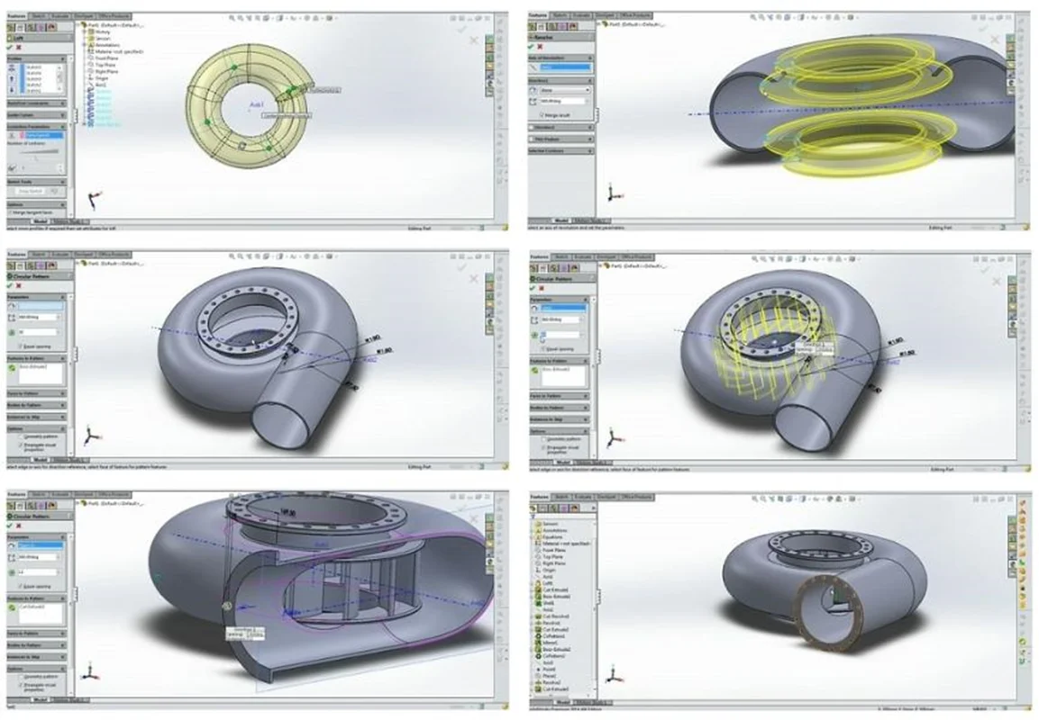 مدل سازی پوسته حلزونی و پره های داخل توربین در SolidWorks